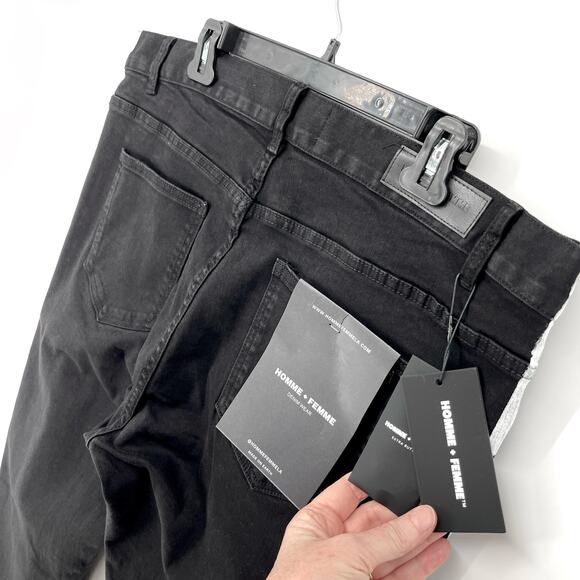 Homme + Femme NEW Skinny Distressed Jeans Mens Sz 40 Black White Logo Stripes - Picture 6 of 9